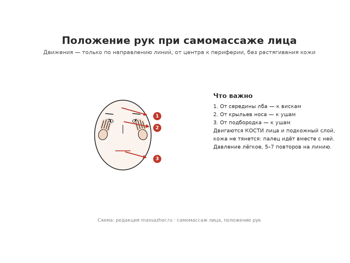 Схема: положение рук при самомассаже лица — пальцы идут по линиям